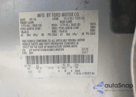 2016 Ford Edge Se z USA, uszkodzony, nr VIN 2FMPK3G93GBC49539